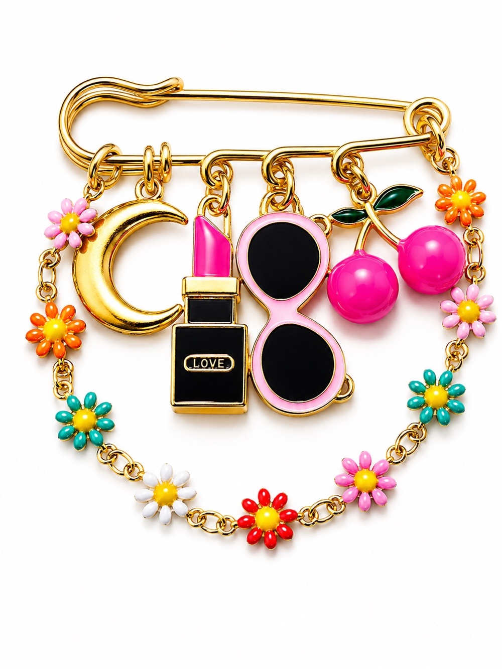 Gold Multicolor Charm Safety Pin Brooch — Unbranded